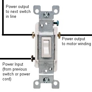 Three way switch, illustrating the needed wiring connections.