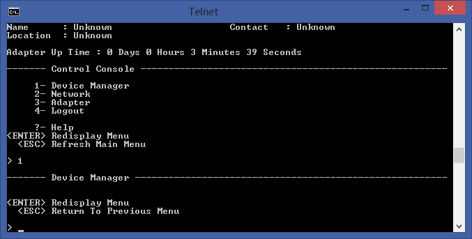 APC AP9605 telnet management interface with no UPS attached.