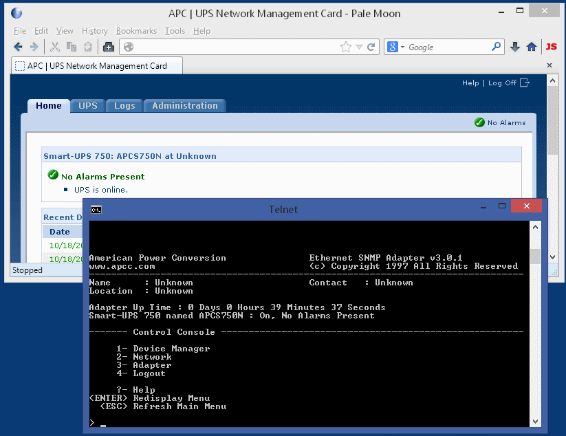 Two APC network management cards in the same UPS and on the same network, with their management interfaces displayed.